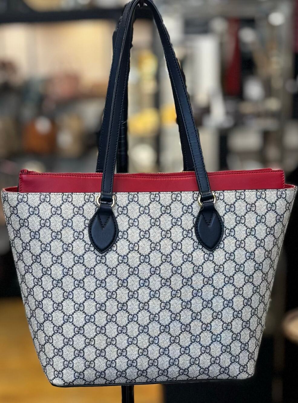 GUCCI GG Supreme Large Navy Blue Monogram & Red Leather Zip Tote Shoulder Bag